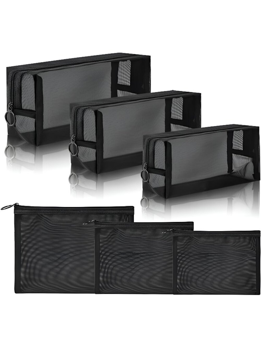 6 Pieces Mesh Makeup Bag with Zipper, Portable Makeup Pouch, Black